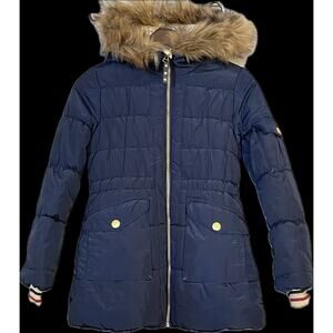 London Fog Girls Blue Faux Fur Hooded Puffer Winter Jacket Size Medium 10/12